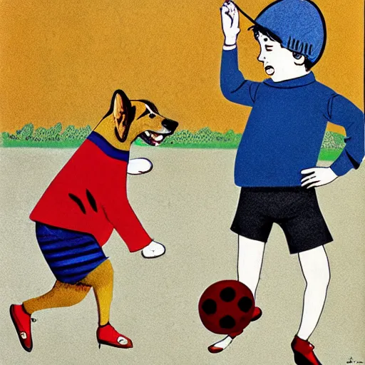 Image similar to book illustration of a french boy on the streets of paris playing football against a corgi, the dog is wearing a polka dot scarf, 1 9 6 6