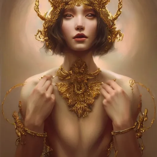 Prompt: expressive oil painting, of alluring european princess, seductive look, smirking, smooth glowing skin, glistening body, love, adoration, sweat, tattoos, ornate headpiece made of wool, glamour shot, by yoshitaka amano, by greg rutkowski, by jeremyg lipkinng, by artgerm, digital art, octane render, grim aesthetic