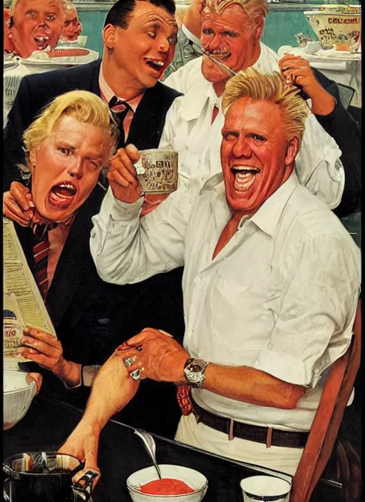 Prompt: gary busey spills his soup, by norman rockwell and tom lovell and frank schoonover and dean cornwell