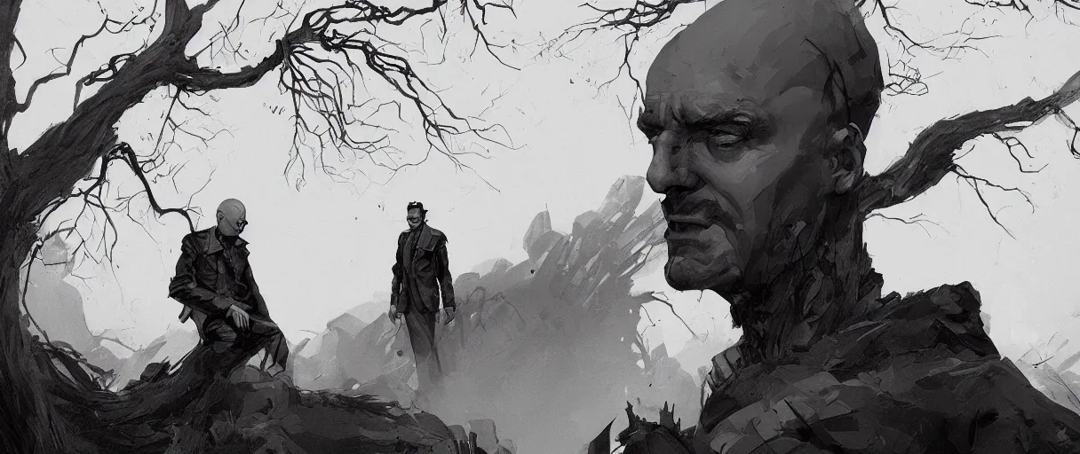 Image similar to duotone comic noir illustration portrait of gaunter o'dimm bald man with a demonic stare from hearts of stone sitting below a willow tree in a foggy evening by sachin teng and sergey kolesov and ruan jia and heng z. graffiti art, scifi, fantasy, hyper detailed. octane render. concept art. trending on artstation