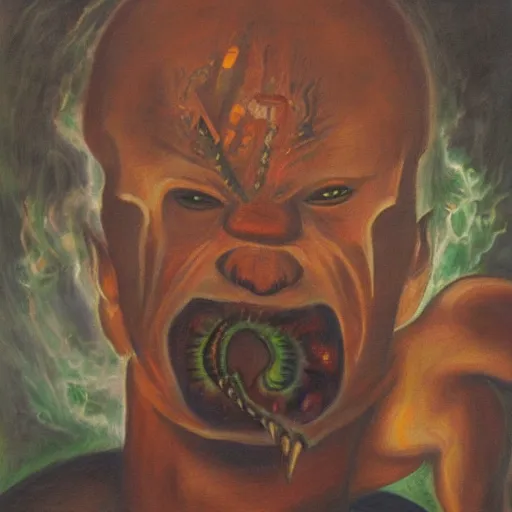 Image similar to portre of an autistic demon on acid, masonic and kabalistic symbols in background, oil painting