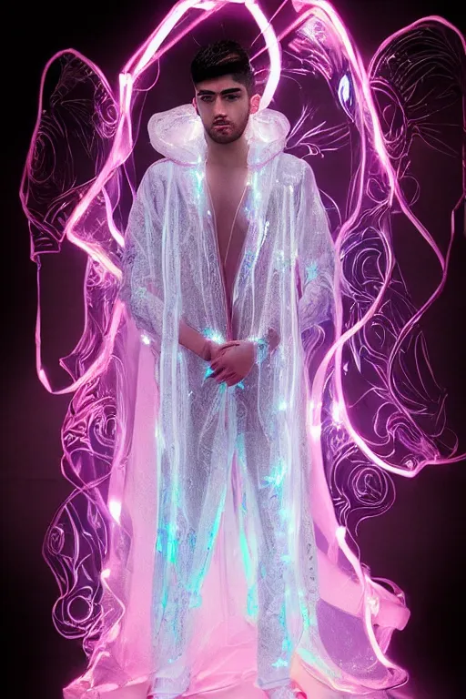 Image similar to full-body rococo and cyberpunk delicate crystalline sculpture of attractive muscular iridescent Zayn Malik as a humanoid deity wearing a thin see-through plastic hooded cloak sim roupa, posing like a superhero, glowing pink face, crown of white lasers, large diamonds, swirling black silk fabric. futuristic elements. oozing glowing liquid, full-length view. space robots. human skulls. throne made of bones, intricate artwork by caravaggio. Trending on artstation, octane render, cinematic lighting from the right, hyper realism, octane render, 8k, depth of field, 3D