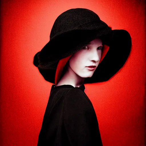 Image similar to half - length portrait of girl in a red hat and black dress, fine art portrait photography by paolo roversi, volumetric lighting, very detailed, high resolution,