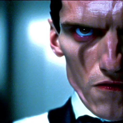 Image similar to a still of a Draconian in the American Psycho (2000), doing the Bateman stare, cinematic still, 4K Bluray