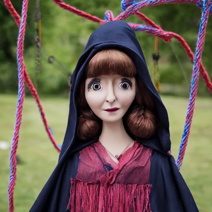 Prompt: a closeup portrait of a woman wearing a cloak made of ribbons, standing next to an empty swing playground, stop motion animation, claymation, anomalisa, 8 k, medium - format print