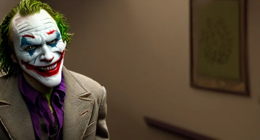 Image similar to pixar heath ledger joker villain 3 d movie screenshot