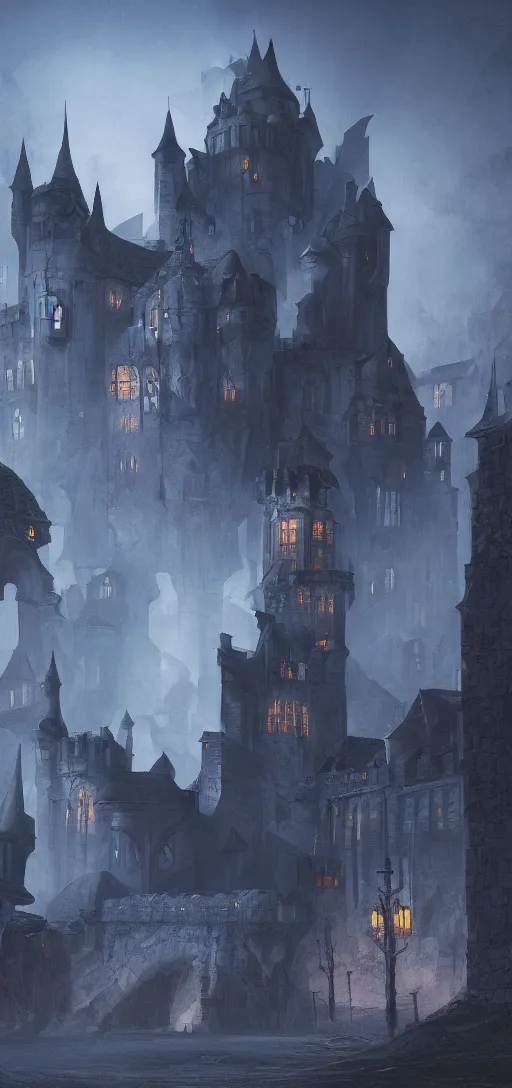 Prompt: A digital concept art painting of a dark blue medieval fantasy european ghotic castle with black brick in desert, 4K UHD image, unreal engine, Graphic Novel, Visual Novel