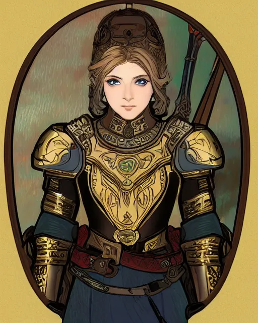 Image similar to young paladin woman, short blonde hair, plate chest armour, symmetrical portrait RPG avatar, by Mucha, intricate, 8k,