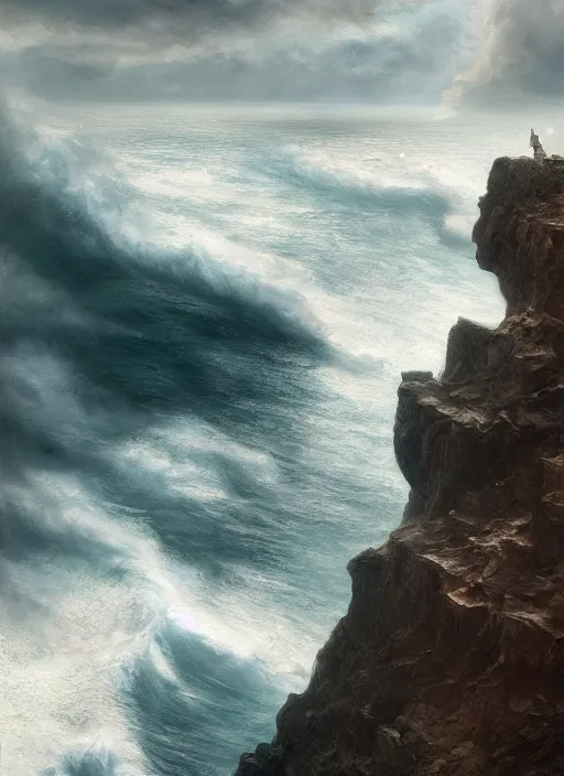 Prompt: steep cliffs overlooking a stormy sea, extremely detailed oil painting, unreal 5 render, digital art, landscape painting, octane render, beautiful composition, trending on artstation, award winning photograph, masterpiece