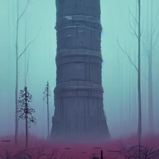 Prompt: Monumental old ruins tower of a dark misty forest, overcast, sci-fi digital painting by Simon Stålenhag