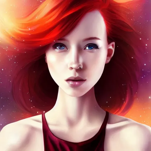 Prompt: red haired girl, with a gorgeous galaxy on the background, highly detailed, deep focus, elegant, digital painting, smooth, sharp focus, golden ratio, illustration, ultra realistic, 8 k, art by artgerm trending