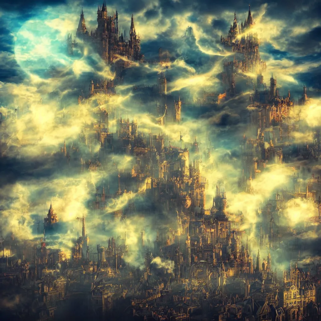 Prompt: big flying steam many castles fight in an epic battle in the clouds, steampunk, steam generators, steam parts, magical fog in the clouds, colorful city background, apocalypse, shooting magic shiny bubble