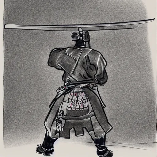 Prompt: A FULL BODY PORTRAIT FROM BEHIND OF A SAMURAI WITH A KATANA AND A CHAIN , ink style , sketch