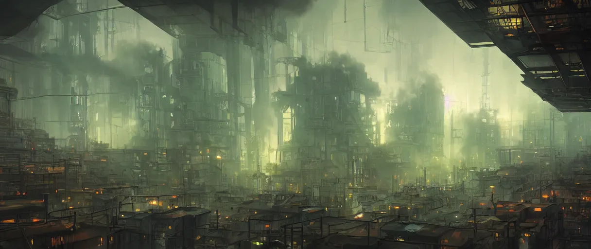 Prompt: dystopian city of factories, lots of smoke rising from chimneys, concept art, digital painting, style of jordan grimmer, dark green lighting, futuristic, volumetric lighting, view from below, symmetrical, vivid colours, bright, daytime, godrays