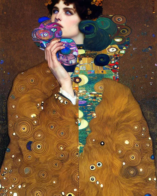 Image similar to jacket cat portrait an oil painting splashes with many colors and shapes by gustav klimt greg rutkowski and alphonse mucha, polycount, generative art, psychedelic, fractalism, glitch art