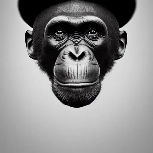 Prompt: photograph of a chimpanzee wearing a monocle and a top hat. 8 k. hyper real. trending on artstation trending on deviantart.