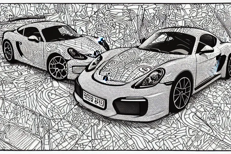 Image similar to a black and white drawing of a porsche cayman gt 4 rs, a detailed mixed media collage by hiroki tsukuda and eduardo paolozzi and moebius, intricate linework, sketchbook psychedelic doodle comic drawing, geometric, street art, polycount, deconstructivism, matte drawing, academic art, constructivism