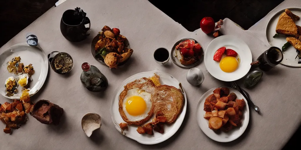 Prompt: Wolfgan Tillmans photograph of a breakfast table, still, photography, fine art photography