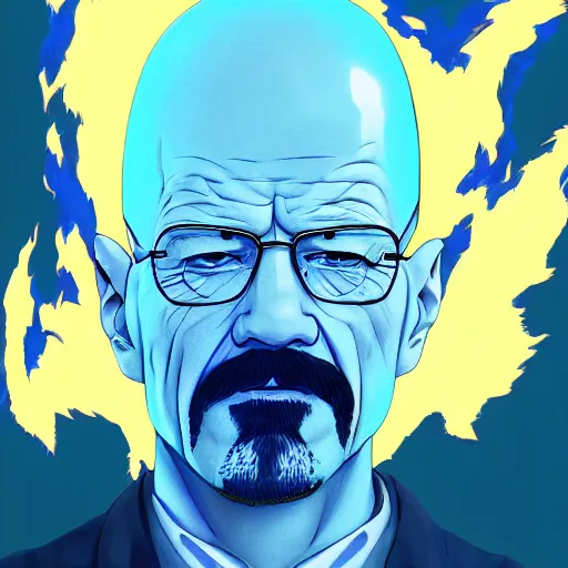 Image similar to portrait of walter white the blue flaming incarnation of chemistry, anime fantasy illustration by tomoyuki yamasaki, kyoto studio, madhouse, ufotable, trending on artstation