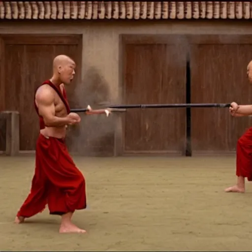 Image similar to film still from The 36th Chamber of Shaolin, Master Donald Trump fights Obama Killer