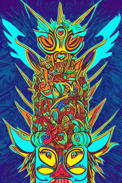 Image similar to totem animal mask tribal feather gemstone plant wood rock shaman vodoo video game vector cutout illustration vivid multicolor borderlands comics by josan gonzales and dan mumford radiating a glowing aura