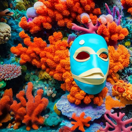 Image similar to a coral reef painted on a plaster mask, photography, highly detailed, high saturation, minimalistic, 4k