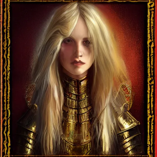 Image similar to portrait of long haired blonde woman, ornate armour, fantasy, painterly, ethereal, trending on art station