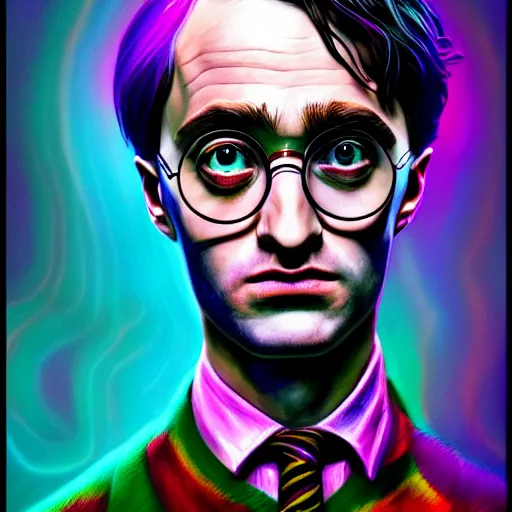 Image similar to An extremely psychedelic portrait of Harry Potter, surreal, LSD, face, detailed, intricate, elegant, lithe, highly detailed, digital painting, artstation, concept art, smooth, sharp focus, illustration