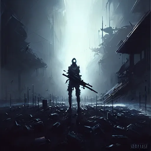 Image similar to only the dead have seen the end of war, artwork by artgerm, danger lurking in the night, fear of death, rendered in pov - ray, style of greg rutkowski and jackson pollock