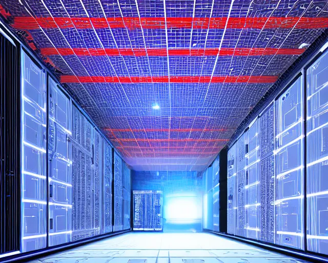 Image similar to datacenter with server in the middle, red laser grid, deep view, heavy blue led lights, wires connected, award winning, extremely detailed, artstation, 8 k, incredible art