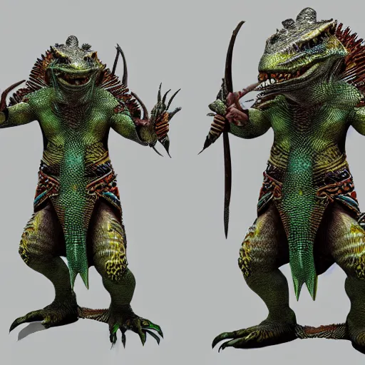Prompt: Lizardman wearing shaman clothing, 4k, realistic