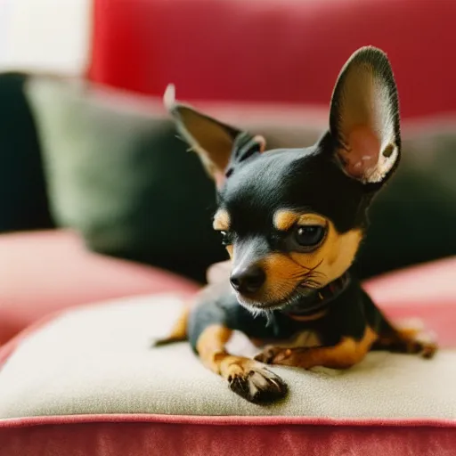 Prompt: a photograph of a small black and tan chihuahua, sat on a red velvet cushion, early morning light, fuji velvia, 50mm focal length