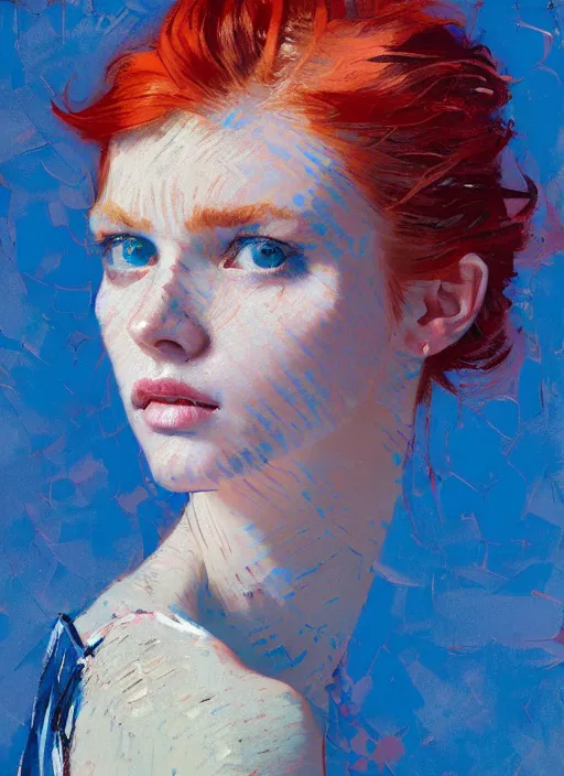 Image similar to portrait of a beautiful girl, redhead, shades of blue, beautiful face, rule of thirds, intricate outfit, spotlight, by greg rutkowski, by jeremy mann, by francoise nielly, by van gogh, digital painting