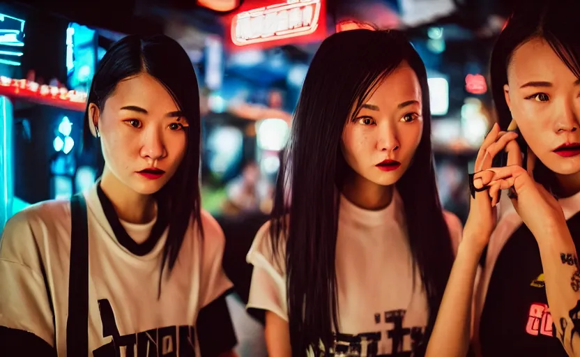 Image similar to cinestill 5 0 d photographic portrait of two female androids wearing streetwear talk at a bar in cyberpunk china, extreme closeup, modern cyberpunk, dust storm, 8 k, hd, high resolution, 3 5 mm, f / 3 2, ultra realistic faces, intricate detail, ex machina