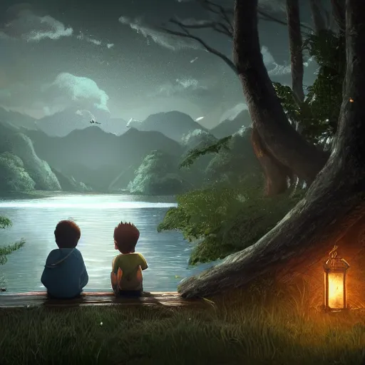 Image similar to a silver dragon and a boy sitting together next to a lake watching firefly at night in forest, concept art, dof, cryengine, digital art, detailed background, makoto shinkai