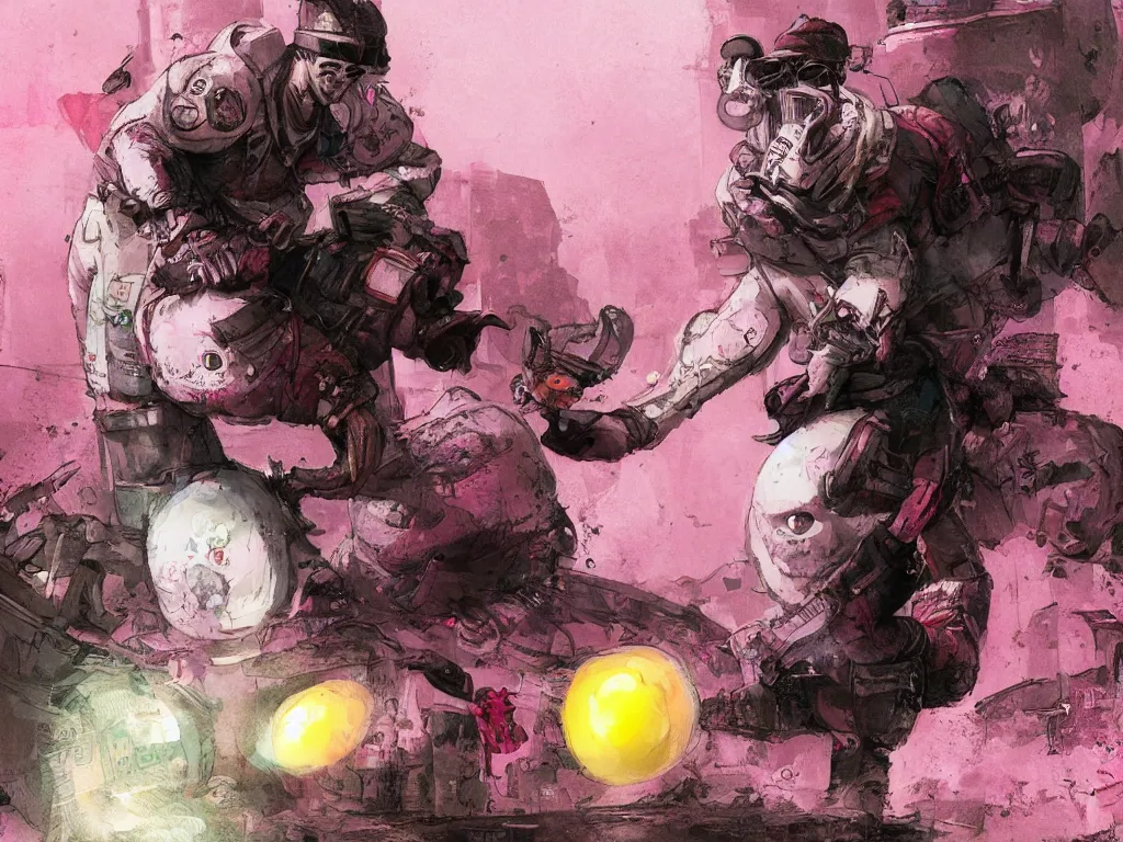 Image similar to Humpty Dumpty as a chicken egg, fighting with a pink rubber monkey in a cyberpunk, post apocalyptic Tokyo, D&D, fantasy, highly detailed, digital painting, artstation, concept art, smooth, sharp focus, illustration, art by Bill Sienkiewicz