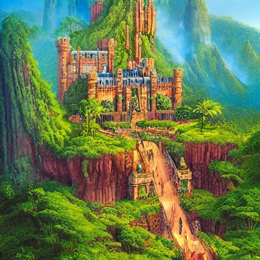 Image similar to rainforest castle on the mountain of magic, artstation, digital art, Darrell K Sweet