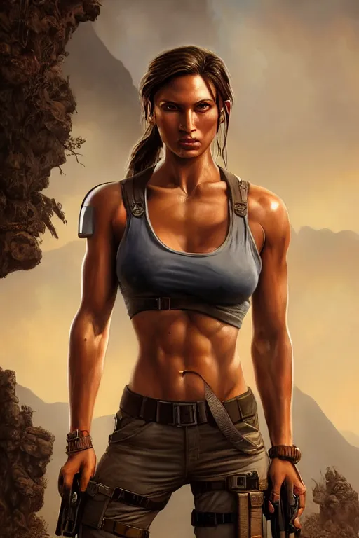 Prompt: epic portrait of slim muscular lara croft, guatemla,, detailed, digital painting, artstation, concept art, donato giancola, joseph christian leyendecker, wlop, boris vallejo, breathtaking, high details, extremely detailed, sincere face, establishing shot, artistic, hyper realistic, beautiful face, octane render 8 k