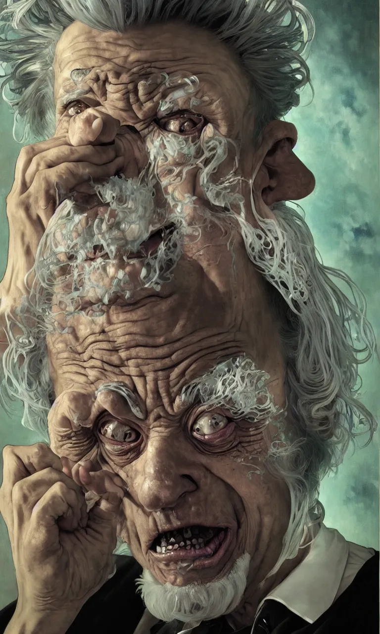 Prompt: hyper realistic grotesque portrait of an old drunk rick sanchez, from rick and morty, white hair, interdimentional portal in the background by lee bermejo, alphonse mucha and greg rutkowski