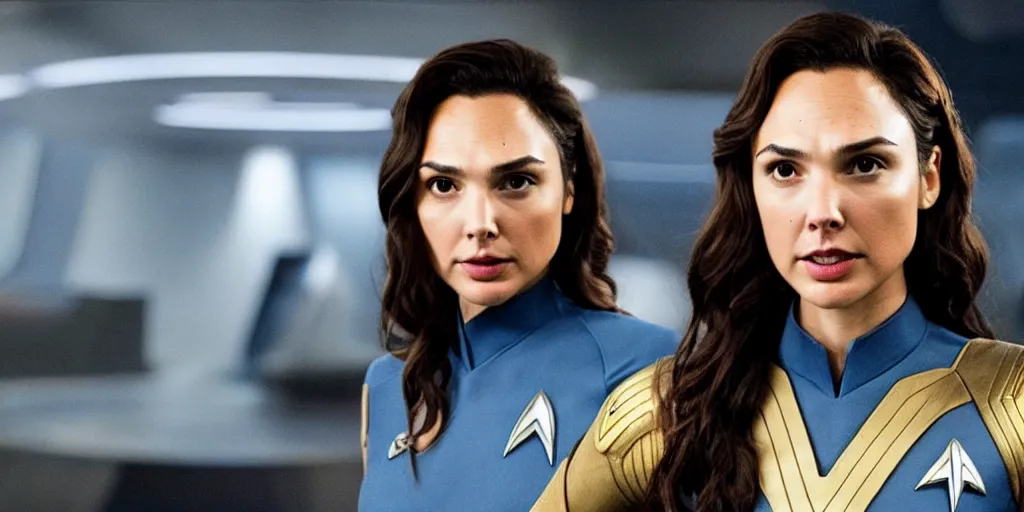 Image similar to Gal Gadot, in full starfleet uniform, is the captain of the starship Enterprise in the new Star Trek movie