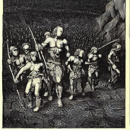 Prompt: woodblock print of the sons of cain wandering antediluvian fields with their beastly herds, genesis, in the style of gustave dore - n 5