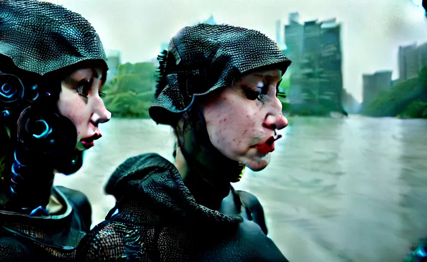 Image similar to cinestill 5 0 d candid photographic portrait by helen levitt of two loving female androids wearing rugged black mesh techwear in treacherous waters, extreme closeup, modern cyberpunk moody depressing cinematic, pouring rain, 8 k, hd, high resolution, 3 5 mm, f / 3 2, ultra realistic faces, ex machina