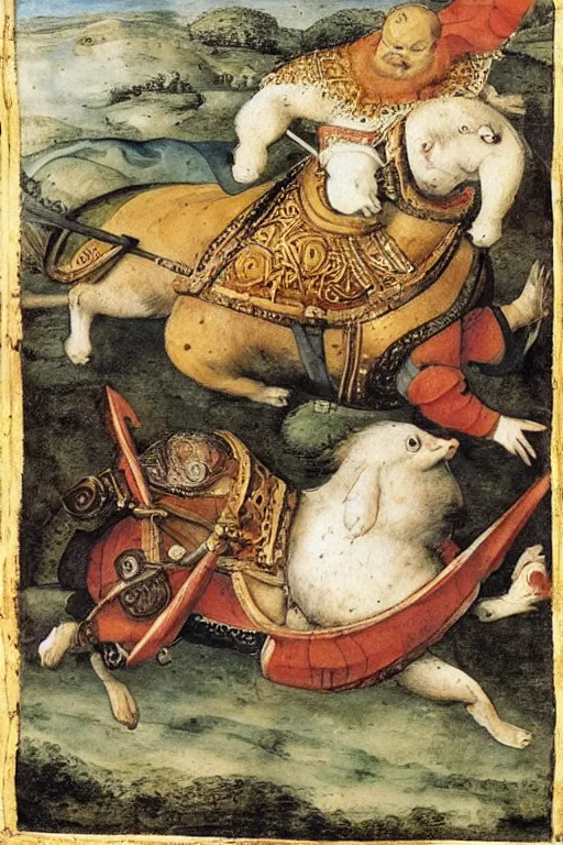 Prompt: Henry VIII riding a giant hamster into battle, water color, painted by Cornelis Anthonisz, 16th century,