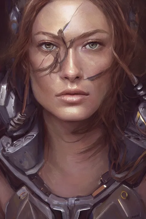 Image similar to a professional painting of a young Olivia Wilde, clothes in military armor, olive skin, long dark hair, beautiful bone structure, symmetrical facial features, intricate, elegant, digital painting, concept art, smooth, sharp focus, illustration, from StarCraft by Ruan Jia and Mandy Jurgens and Artgerm and William-Adolphe Bouguerea