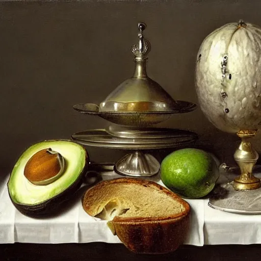 Image similar to still life by willem claesz heda, avocados, bread, linen, a fly, silver, leftover meat pie, overturned chalice, surreal goblets,