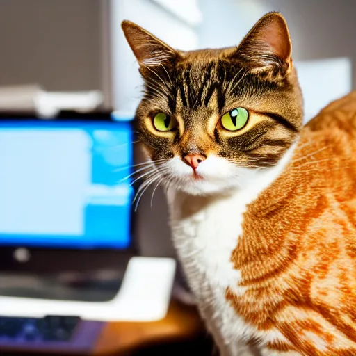 Image similar to cat working at a computer, photo, 8k.