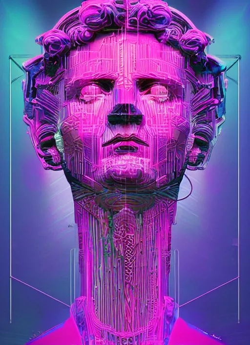 Image similar to statue of dionysus, beeple, android jones, dan mumford, vaporwave, retrowave, black background, neon wiring, black, glitch, strong contrast, cuts, pinterest, trending on artstation