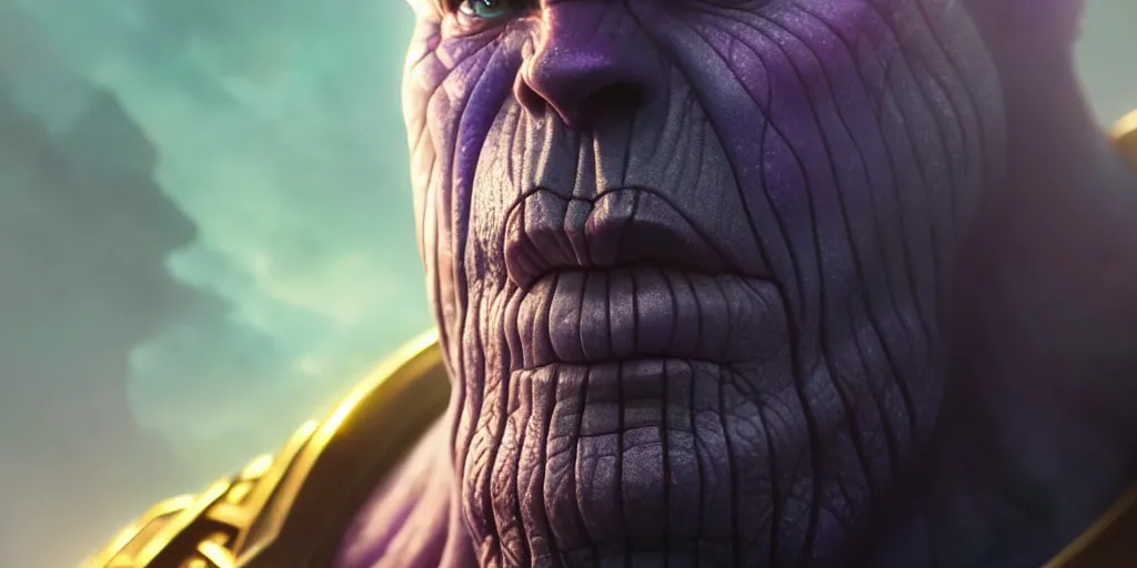 Image similar to ultra detailed close up face portrait of thanos, extremely detailed digital painting, in the style of fenghua zhong and ruan jia and jeremy lipking and peter mohrbacher, mystical colors, rim light, beautiful lighting, 8 k, stunning scene, raytracing, octane, trending on artstation