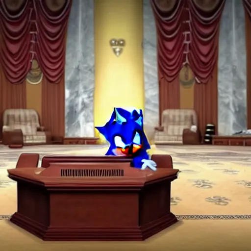 Prompt: Sonic the Hedgehog testifying before the US senate. Realistic, 8k, dramatic lighting, highly detailed.