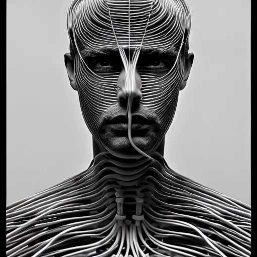 Prompt: surreal portrait of a man made of wires serene, intense very very highly detailed intricate trending on artstation